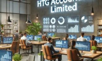 DALL·E 2025-01-08 05.46.39 - A professional, modern office environment designed for HTG Accountants Limited, showcasing a collaborative workspace with accountants analyzing data c